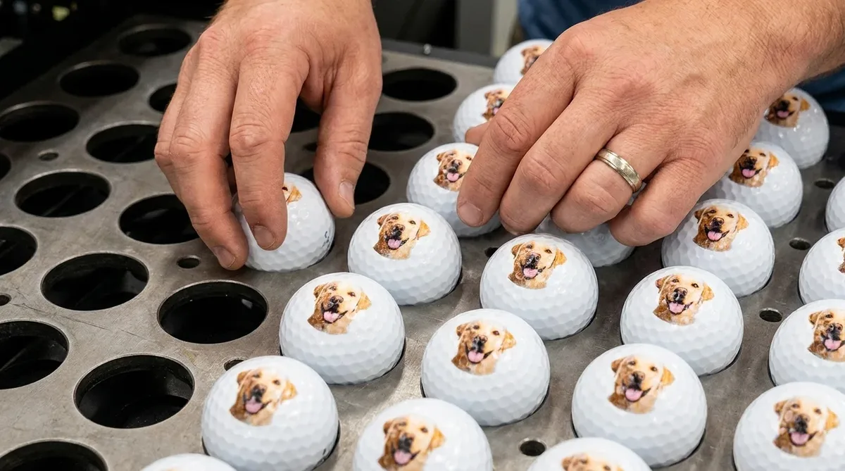 Loading a tray of custom photo golf balls on the UV press at our California facility