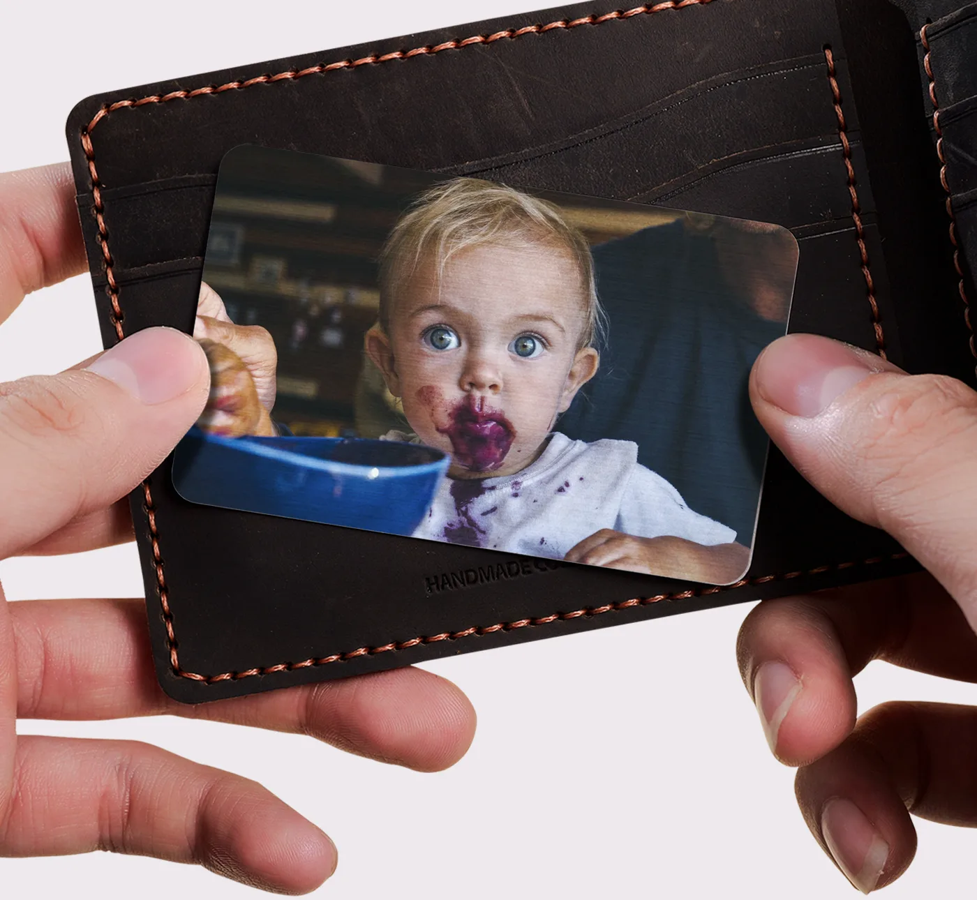 Personalized metal wallet insert card with a printed photo